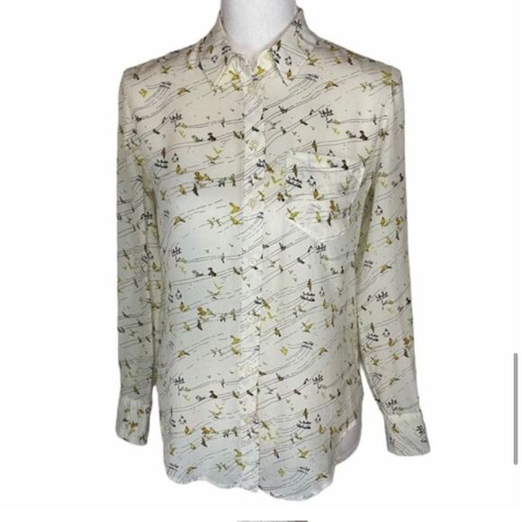 Madewell Boyfit Birds Life 100% Silk Crepe Delicate Cream yellow button down Sm - Picture 2 of 11